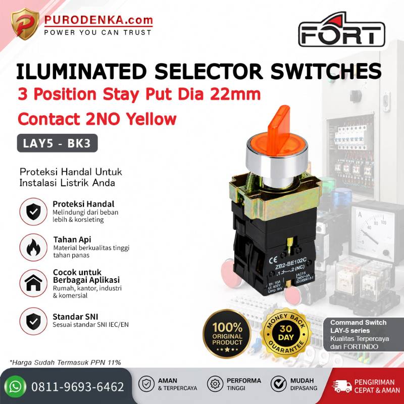 FORT Iluminated Selector Switch 3 Position Stay Put 22mm 2NO Yellow LAY5-BK3