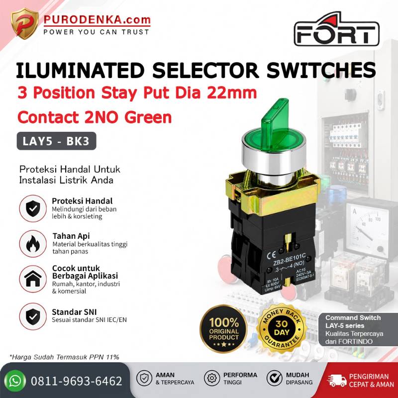 FORT Iluminated Selector Switch 3 Position Stay Put 22mm 2NO Green LAY5-BK3