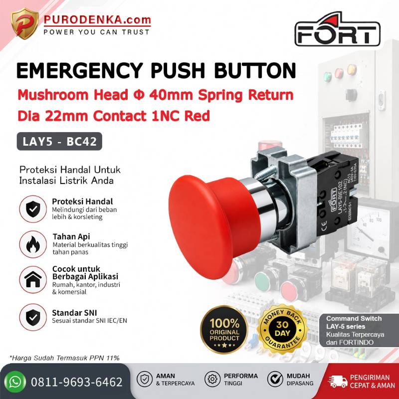 FORT Emergency Stop Mushroom Head Spring Return 40mm 1NC Red LAY5-BC42
