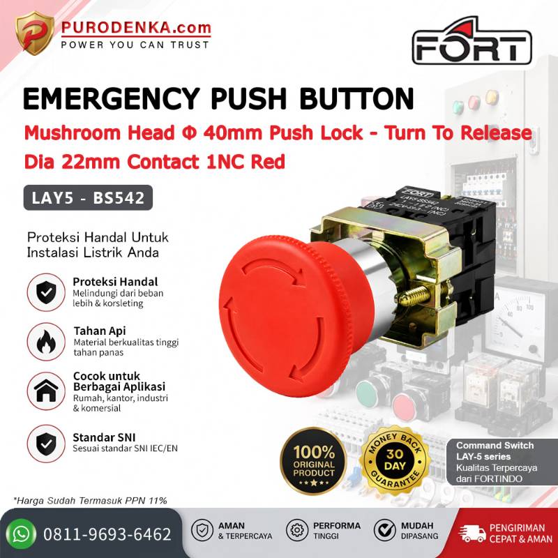 FORT Emergency Stop Mushroom Head Push Lock - Turn to Release 40mm 1NC Red LAY5-BS542