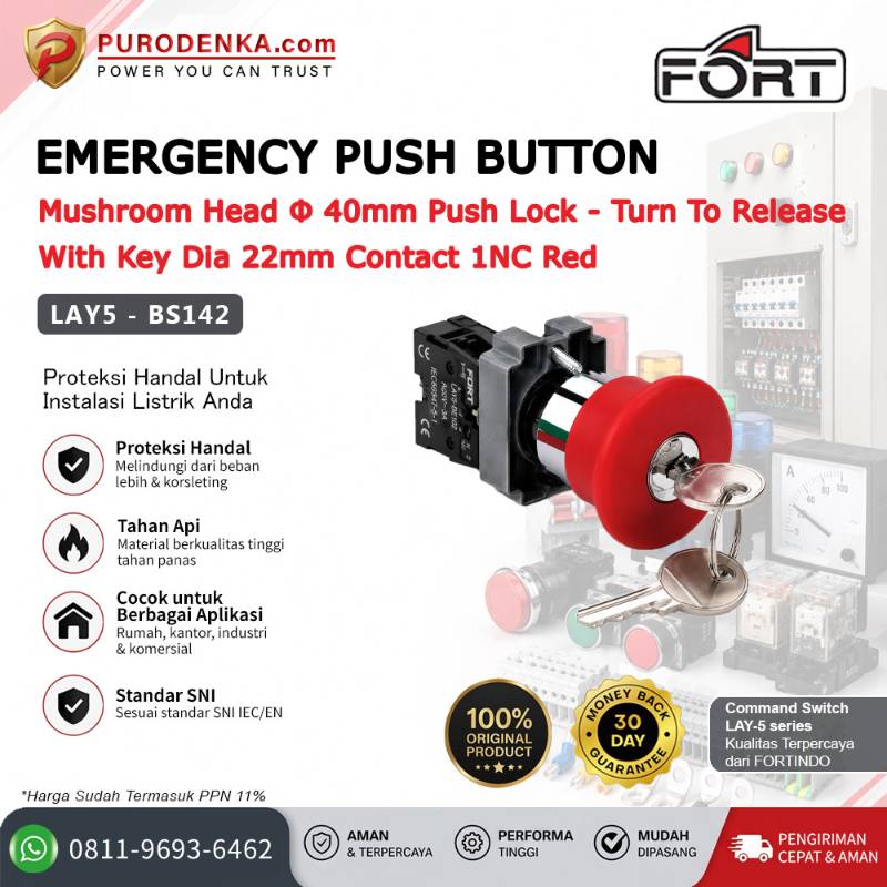 FORT Emergency Stop Mushroom Head Push Lock - Turn to Release with Key 40mm 1NC Red LAY5-BS142