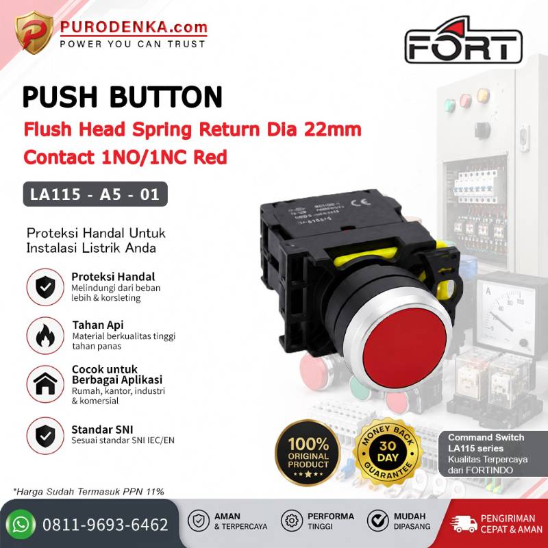 FORT Push Button Flush Head Spring Return 22mm 1NO/1NC Red LA115-A5-01