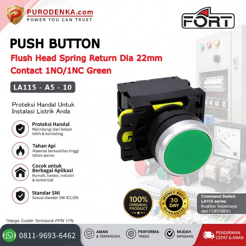 FORT Push Button Flush Head Spring Return 22mm 1NO/1NC Green LA115-A5-10