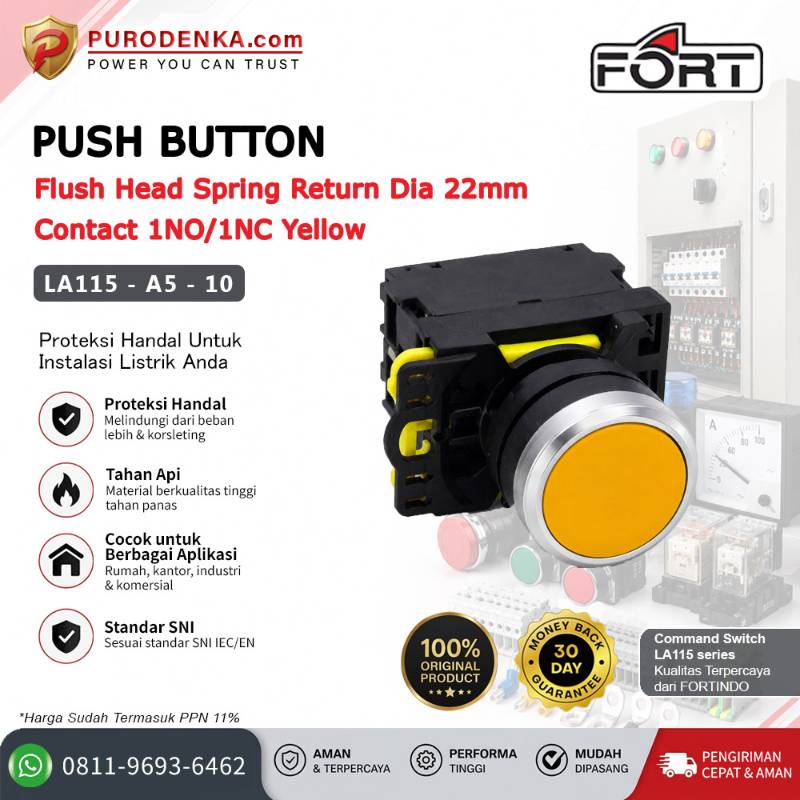 FORT Push Button Flush Head Spring Return 22mm 1NO/1NC Yellow LA115-A5-10