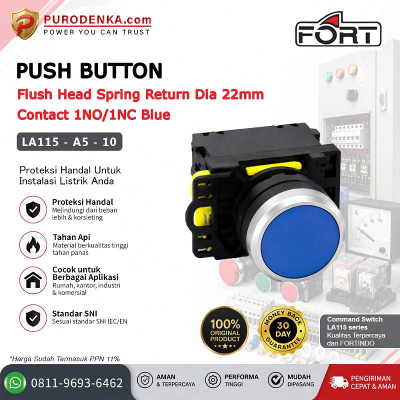 FORT Push Button Flush Head Spring Return 22mm 1NO/1NC Blue LA115-A5-10
