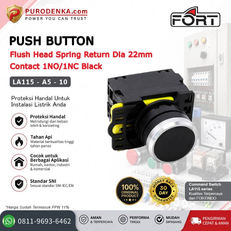 FORT Push Button Flush Head Spring Return 22mm 1NO/1NC Black LA115-A5-10