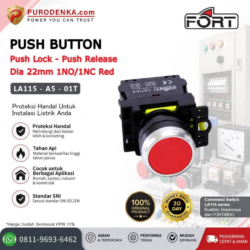 FORT Push Button Push Lock - Push Release 22mm 1NO/1NC Red LA115-A5-01T