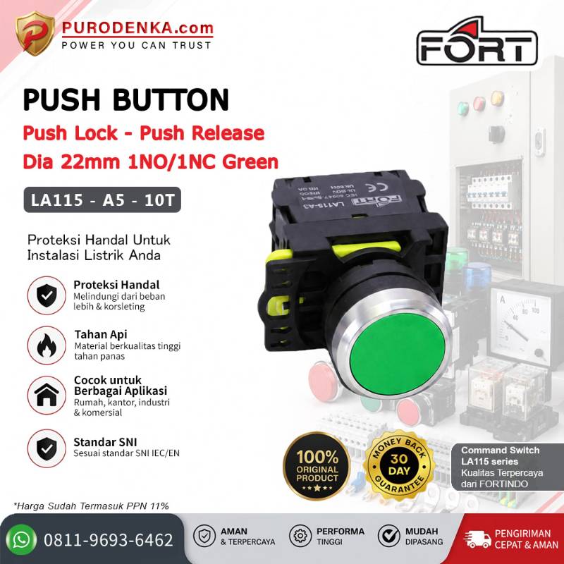 FORT Push Button Push Lock - Push Release 22mm 1NO/1NC Green LA115-A5-10T