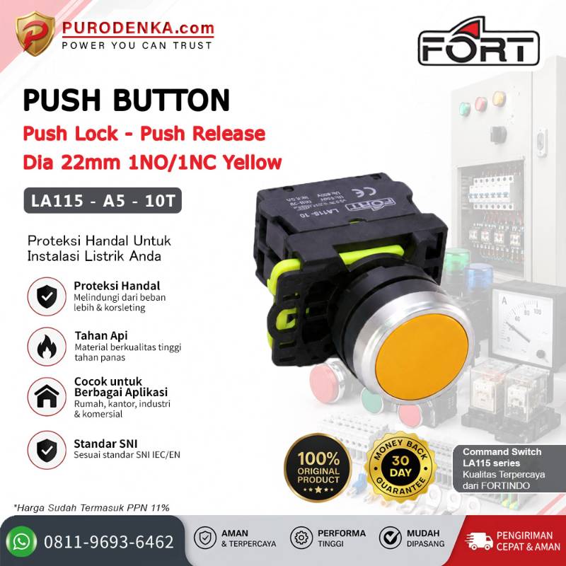 FORT Push Button Push Lock - Push Release 22mm 1NO/1NC Yellow LA115-A5-10T