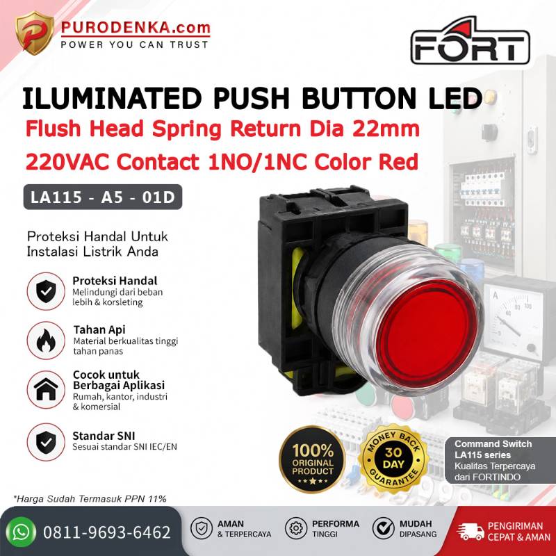 FORT Iluminated Push Button with LED 220VAC Flush Head Spring Return 22mm 1NO/1NC Red LA115-A5-01D