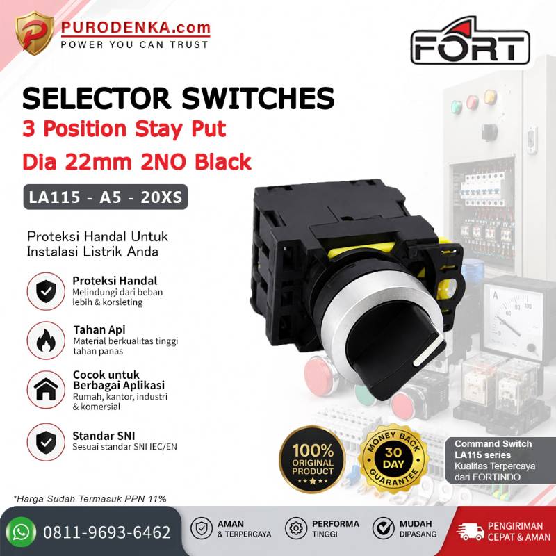 FORT Selector Switch 3 Position Stay Put 22mm 2NO Black LA115-A5-20XS
