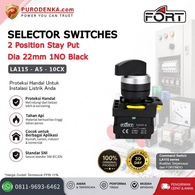 FORT Selector Switch 2 Position Stay Put (Long Handle) 22mm 1NO Black LA115-A5-10CX