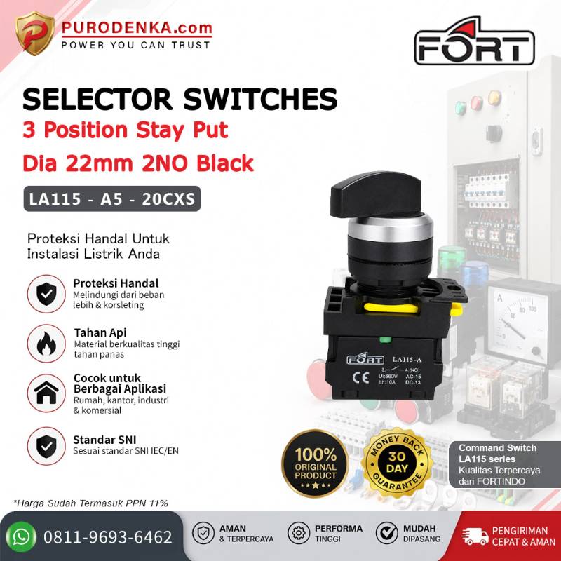 FORT Selector Switch 3 Position Stay Put (Long Handle) 22mm 2NO Black LA115-A5-20CXS