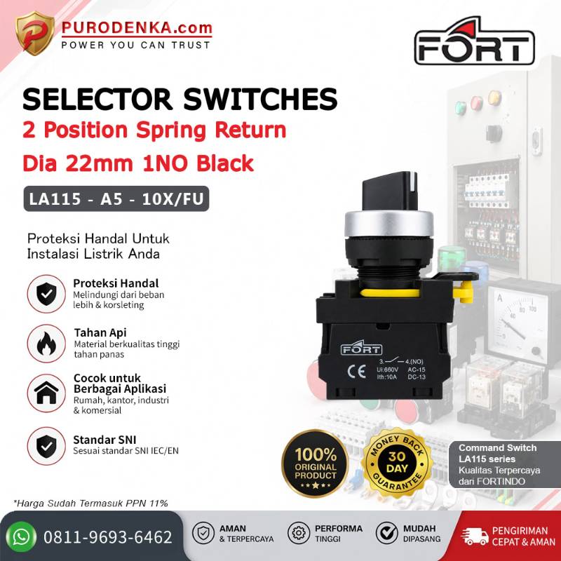 FORT Selector Switch 2 Position Spring Return (Diputar Balik Lagi) 22mm 1NO Black LA115-A5-10X/FU