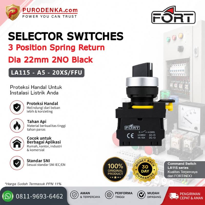 FORT Selector Switch 3 Position Spring Return (Diputar Balik Lagi) 22mm 2NO Black LA115-A5-20XS/FFU