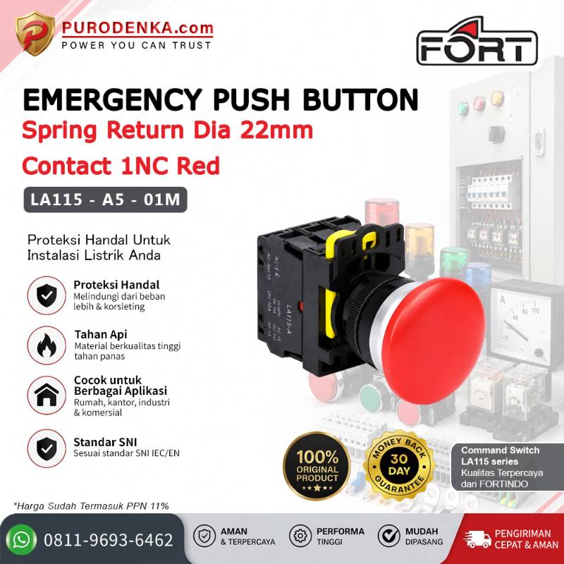FORT Emergency Push Button Spring Return 22mm 1NC Red LA115-A5-01M