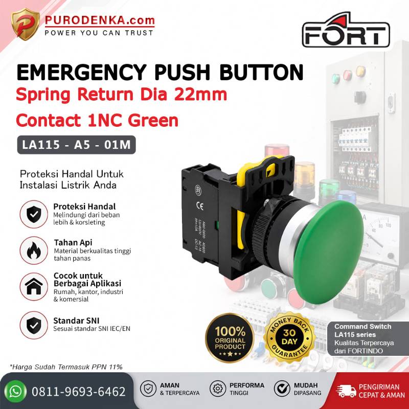 FORT Emergency Push Button Spring Return 22mm 1NC Green LA115-A5-01M