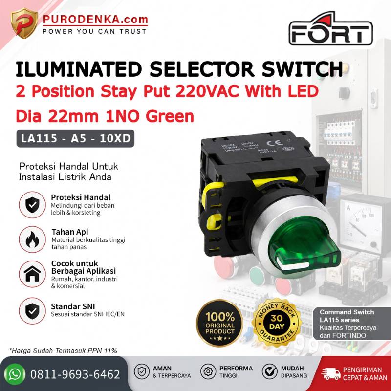 FORT Iluminated Selector Switch LED 220VAC 2 Position Stay Put 22mm 1NO Green LA115-A5-10XD