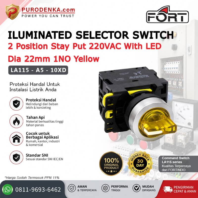 FORT Iluminated Selector Switch LED 220VAC 2 Position Stay Put 22mm 1NO Yellow LA115-A5-10XD