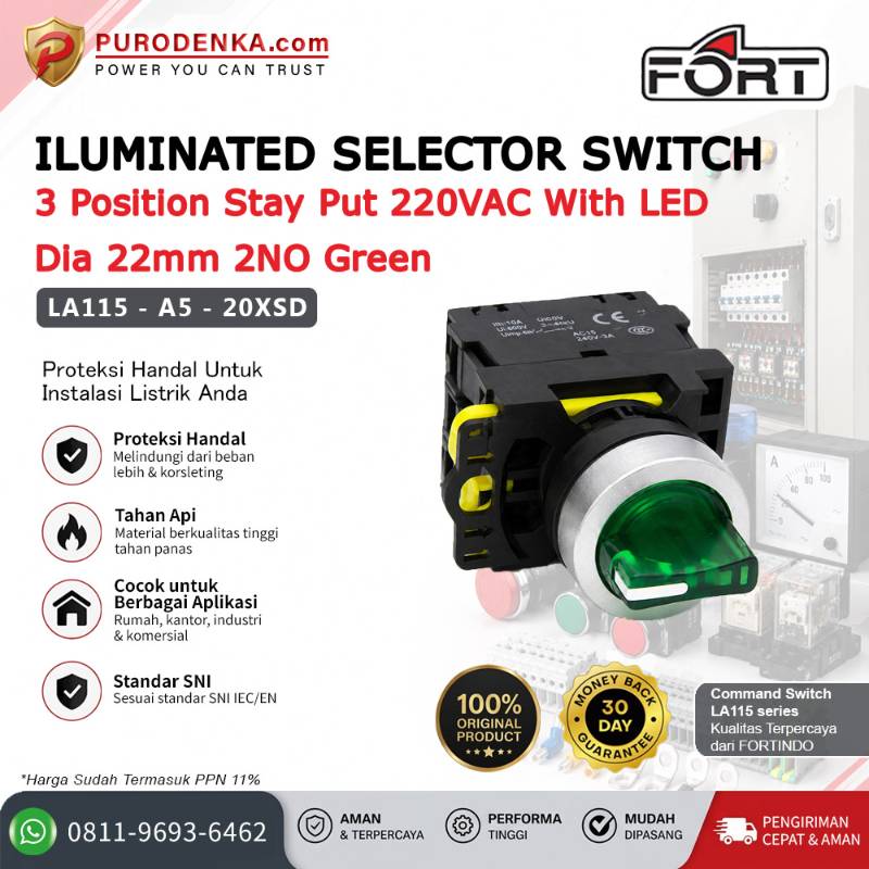 FORT Iluminated Selector Switch LED 220VAC 3 Position Stay Put 22mm 2NO Green LA115-A5-20XSD