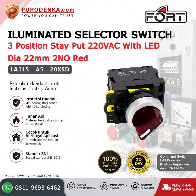 FORT Iluminated Selector Switch LED 220VAC 3 Position Stay Put 22mm 2NO Red LA115-A5-20XSD
