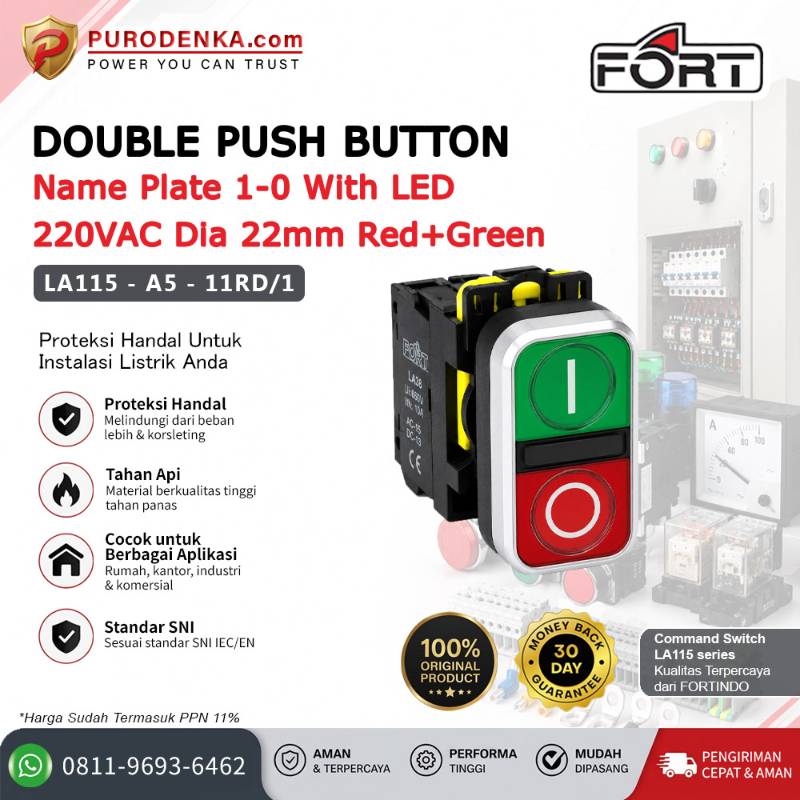 FORT Double Push Button Name Plate 1-0 LED 220VAC 22mm Red+Green LA115-A5-11RD/1