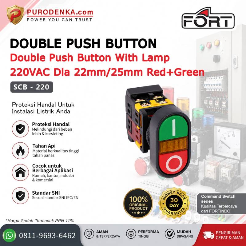 FORT Double Push Button with Lamp 220VAC 22/25mm Red+Green SCB-220