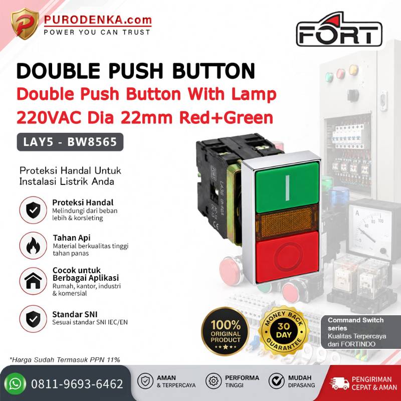 FORT Double Push Button with Lamp 220VAC 22mm Red+Green LAY5-BW8565