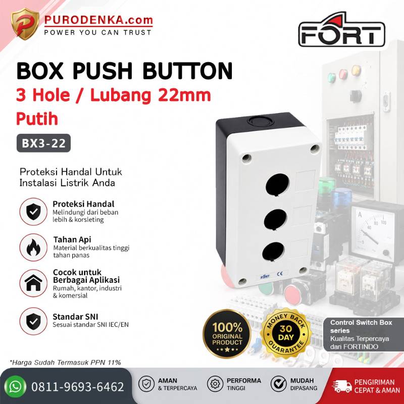 FORT Box Push Button Station 3 Hole/Lubang 22mm White BX3-22