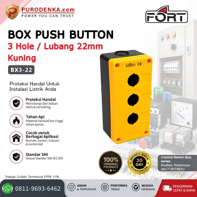 FORT Box Push Button Station 3 Hole/Lubang 22mm Yellow BX3-22