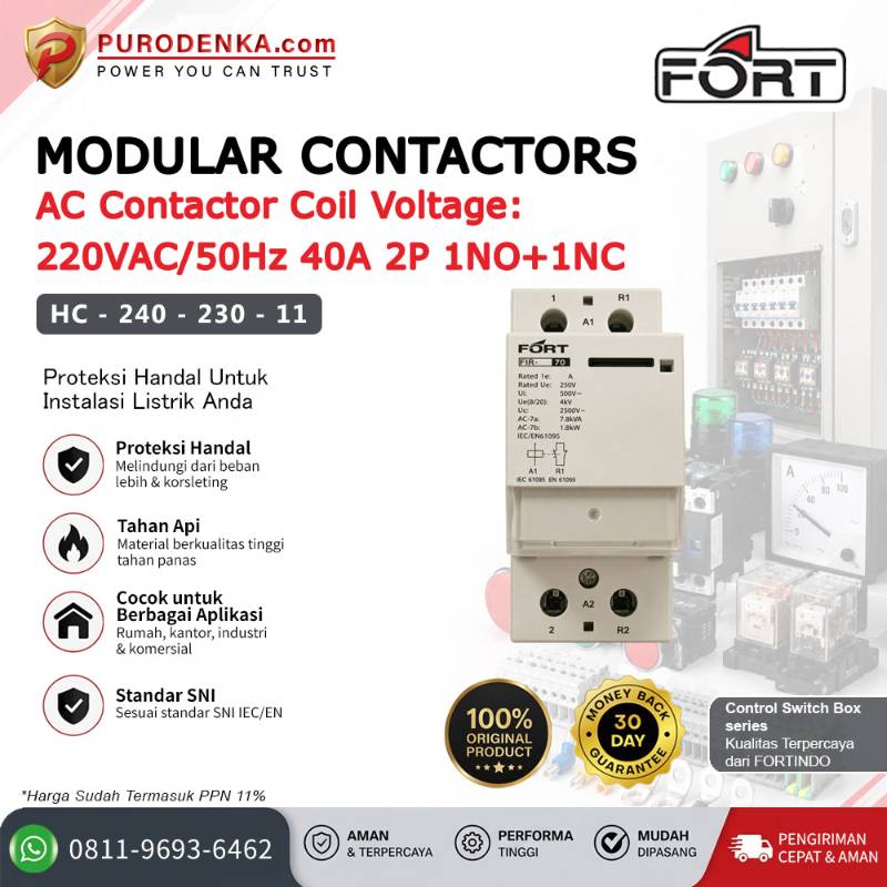 FORT Modular Contactors AC Coil 220VAC/50Hz 40A 2P 1NO+1NC HC-240-230-11