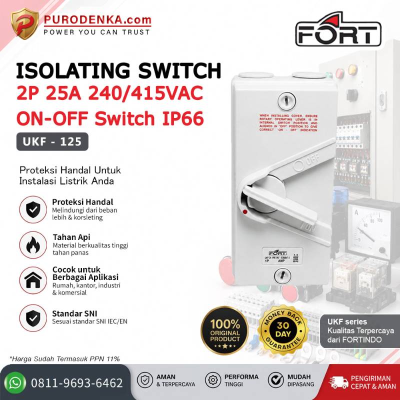 FORT Isolating Switch 2 Pole 25A ON-OFF 240V/415VAC IP66 UKF125