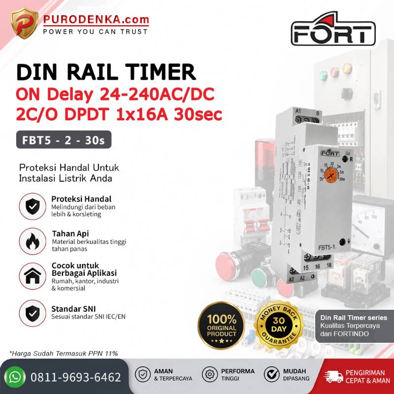FORT Din Rail Timer ON Delay 2 C/O 2x16A 30sec FBT5-2-30s