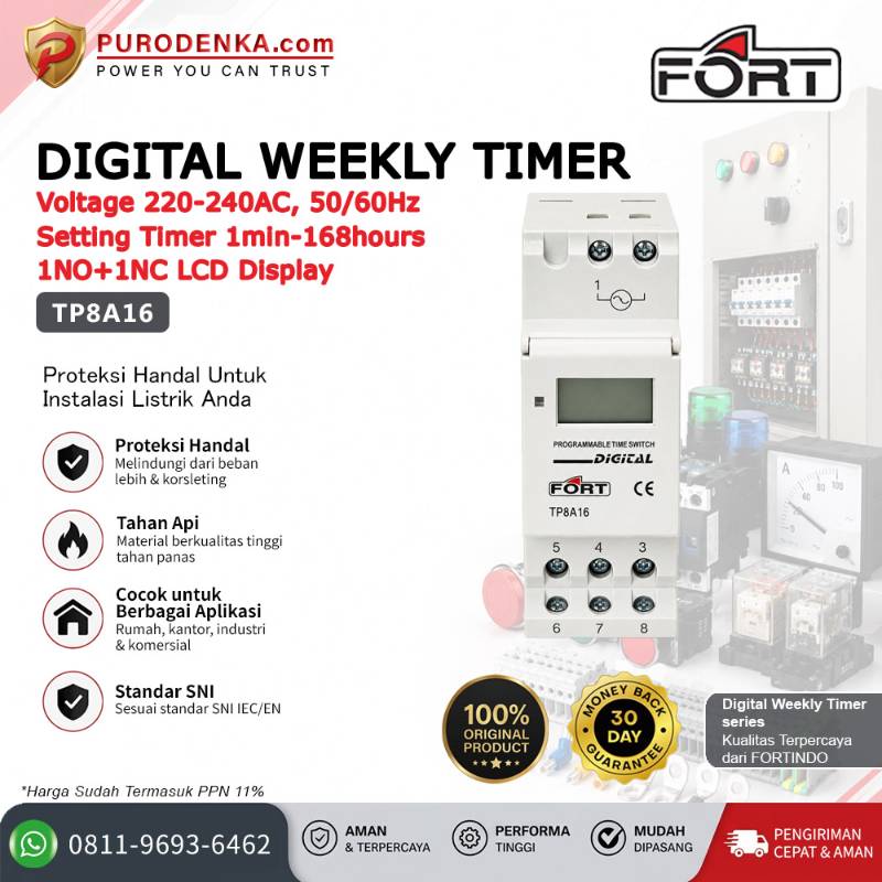 FORT Digital Weekly Timer 220-240VAC 50/60Hz 1NO 1NC LCD Display TP8A16