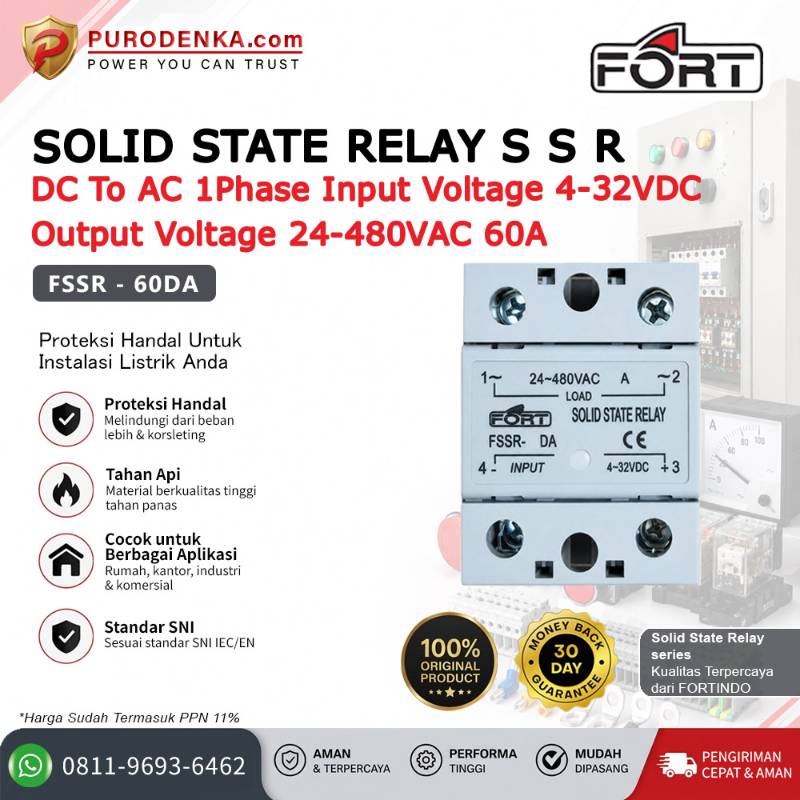 FORT Solid State Relay SSR DC to AC 1 Phase Input 4-32VDC Output 24-480VAC 60A FSSR-60DA