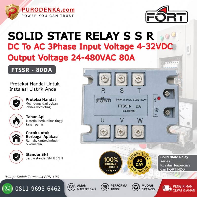 FORT Solid State Relay SSR DC to AC 3 Phase Input 4-32VDC Output 24-480VAC 80A FTSSR-80DA