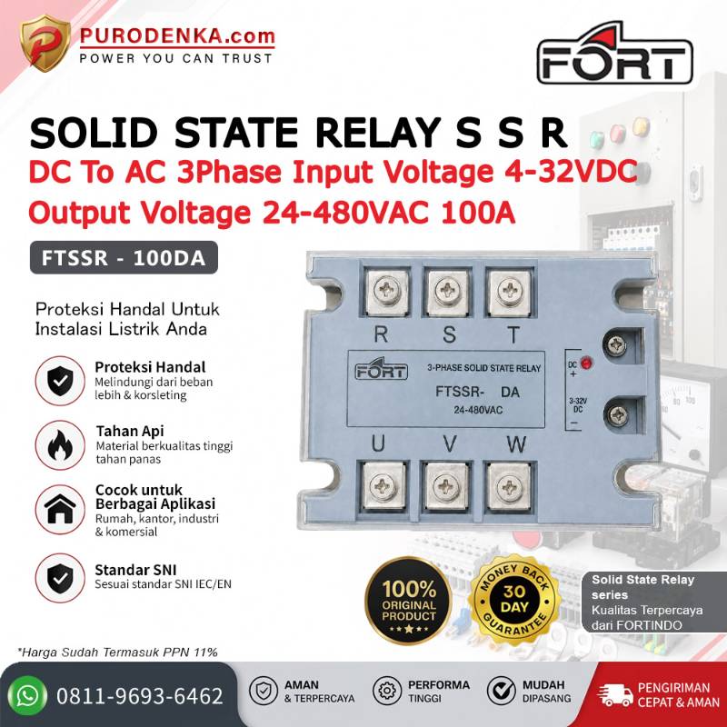 FORT Solid State Relay SSR DC to AC 3 Phase Input 4-32VDC Output 24-480VAC 100A FTSSR-100DA