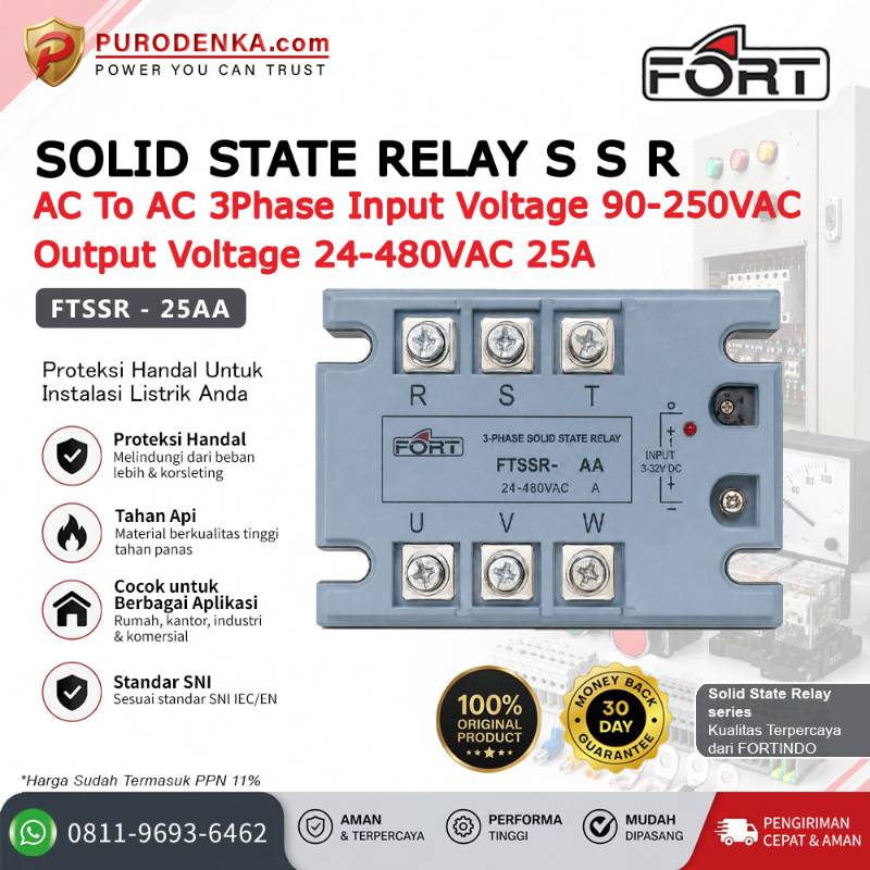 FORT Solid State Relay SSR AC to AC 3 Phase Input 90-250VAC Output 24-480VAC 25A FTSSR-25AA