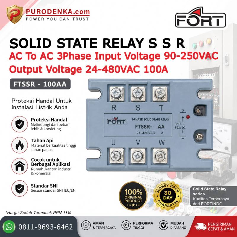 FORT Solid State Relay SSR AC to AC 3 Phase Input 90-250VAC Output 24-480VAC 100A FTSSR-100AA