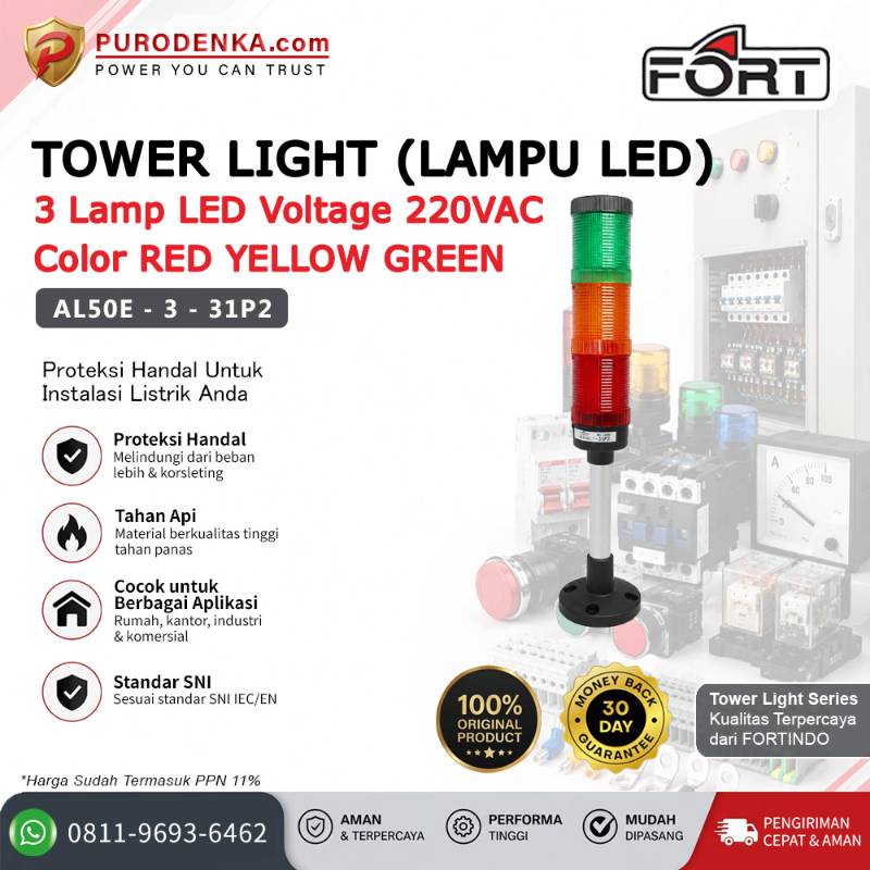 FORT Tower Light (Lampu LED) 3 Lamp LED 220VAC Red Yellow Green Flashing Steady AL50E-3-31P2
