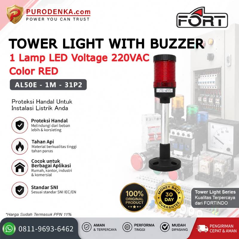 FORT Tower Light (Lampu LED) with Buzzer 1 Lamp LED 220VAC Red Flashing Steady AL50E-1M-31P2