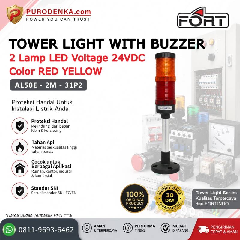 FORT Tower Light (Lampu LED) with Buzzer 2 Lamp LED 24VDC Red Yellow Flashing Steady AL50E-2M-31P2