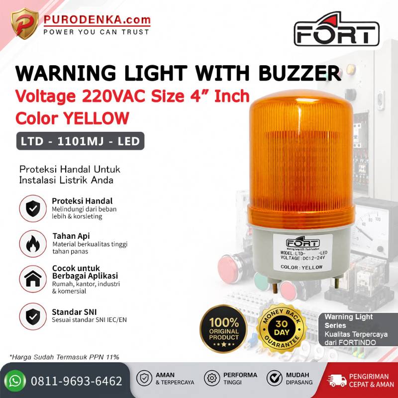 FORT Warning Light (Lampu LED) with Buzzer 220VAC 4" Yellow Rotary Flashing Steady LTD-1101MJ-LED