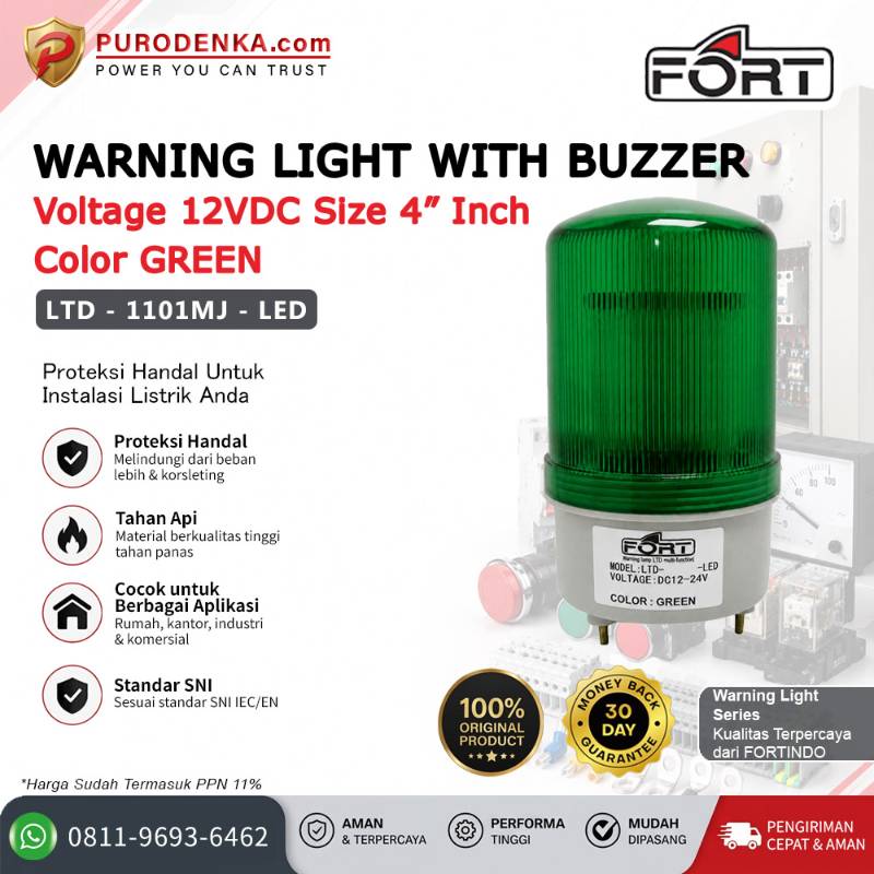 FORT Warning Light (Lampu LED) with Buzzer 12VDC 4" Green Rotary Flashing Steady LTD-1101MJ-LED