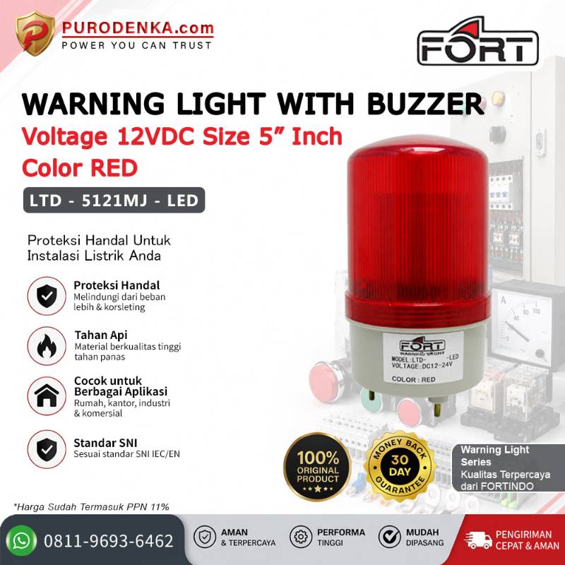 FORT Warning Light (Lampu LED) with Buzzer 12VDC 5" Red Rotary Flashing Steady LTD-5121MJ-LED