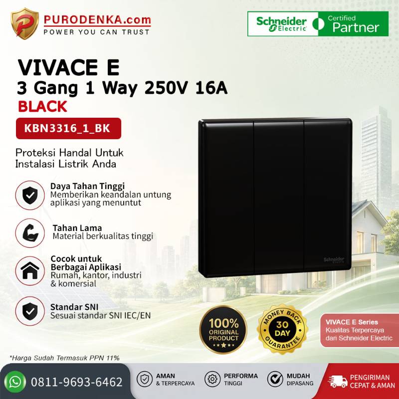SCHNEIDER Vivace E Sakelar 3 Gang 1 Way 250V 16A Black KBN3316_1_BK