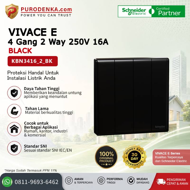 SCHNEIDER Vivace E Sakelar 4 Gang 2 Way 250V 16A Black KBN3416_2_BK