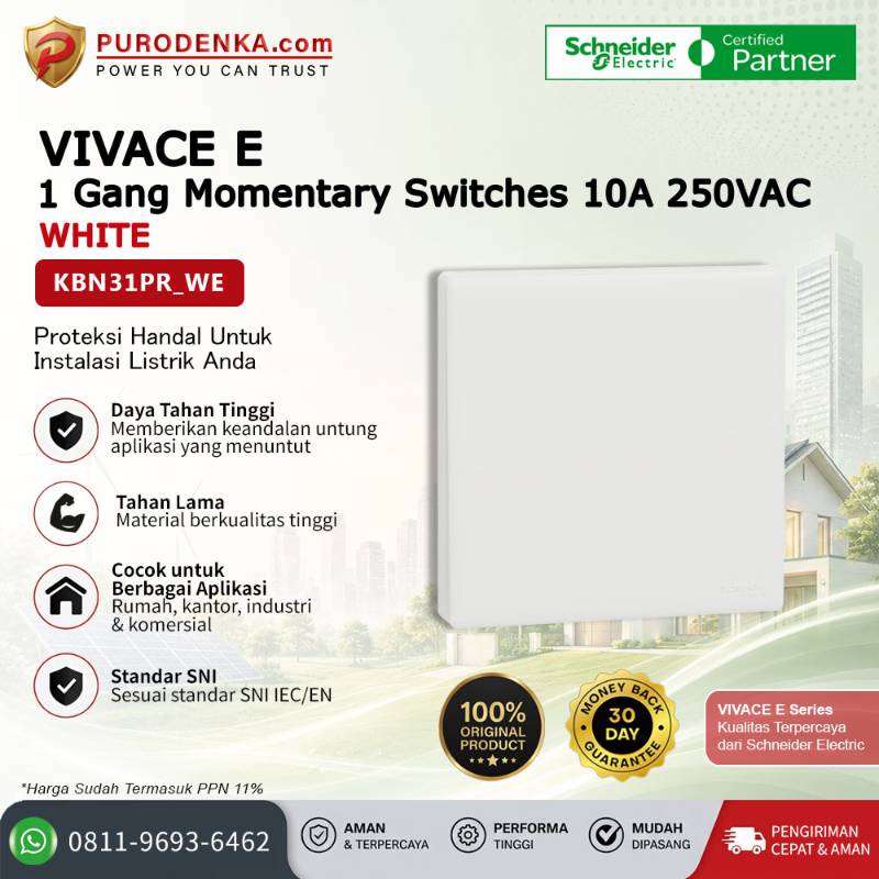 SCHNEIDER Vivace E 1 Gang Momentary Switches 10A 250VAC White KBN31PR_WE