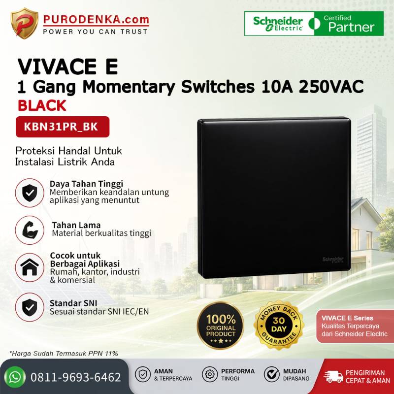 SCHNEIDER Vivace E 1 Gang Momentary Switches 10A 250VAC Black KBN31PR_BK