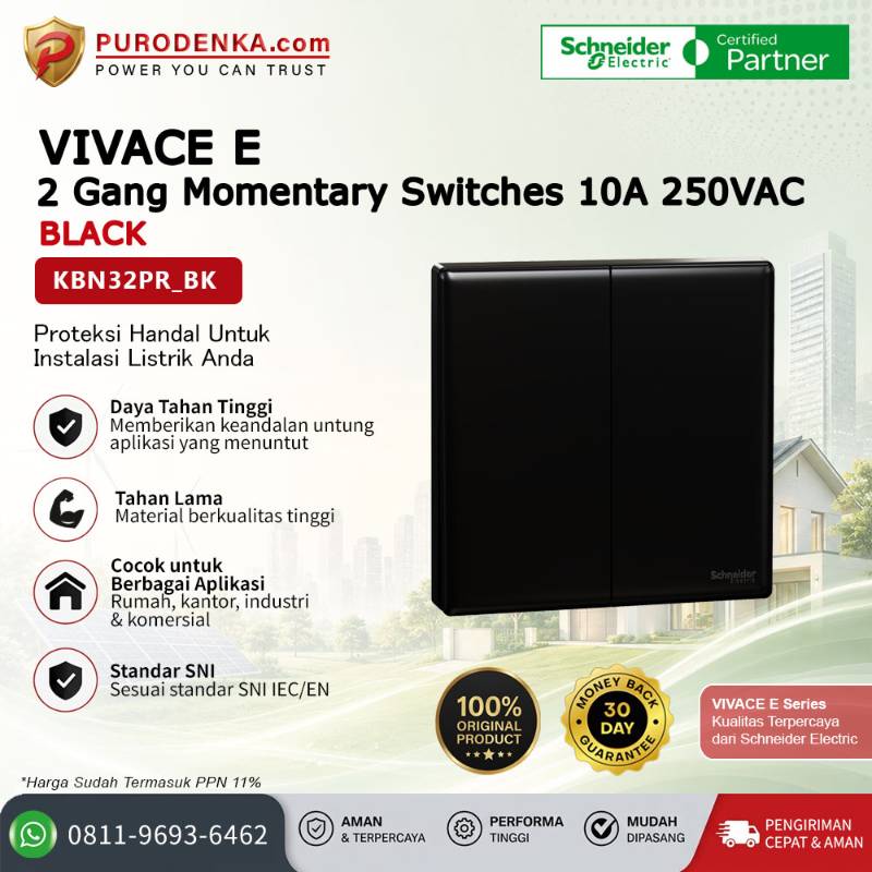SCHNEIDER Vivace E 2 Gang Momentary Switches 10A 250VAC Black KBN32PR_BK